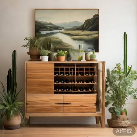 木质红酒柜,自然装饰,绿植点缀