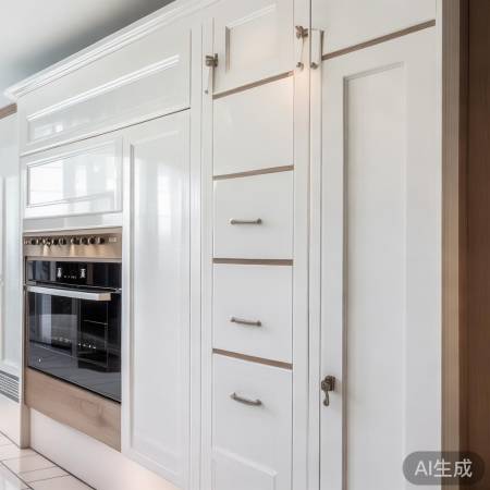 白色橱柜配黑灶,明亮温馨。