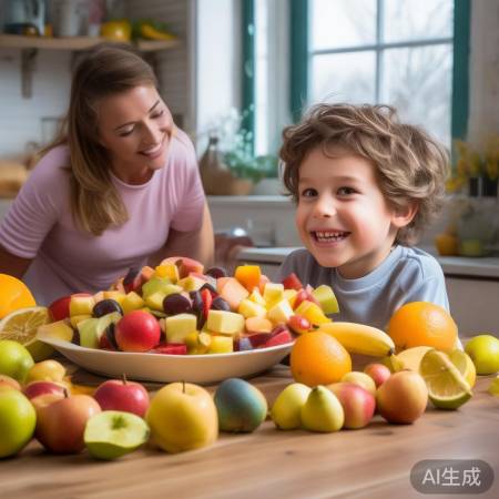 小明吃水果沙拉逗妈妈笑